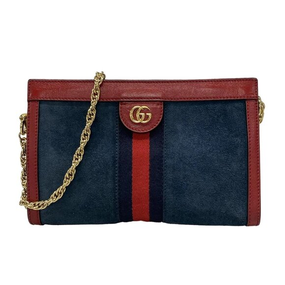 GUCCI Ophidia GG Small Shoulder Bag Navy Red Suede Leather - 645-082325 - Picture 1 of 14